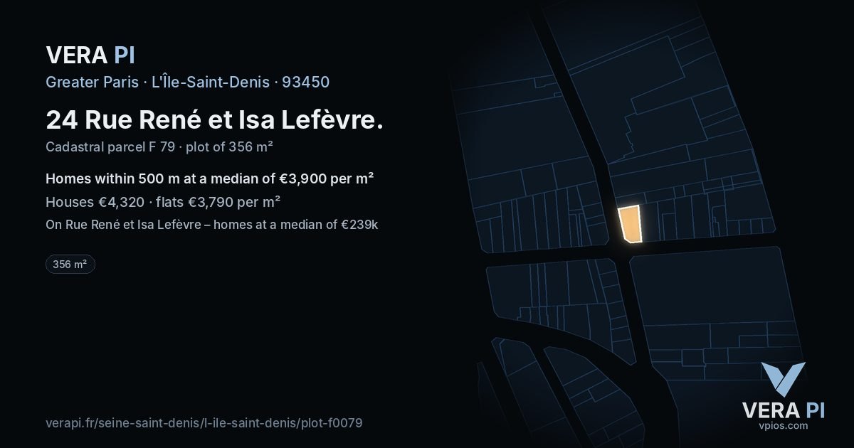 24 Rue René et Isa Lefèvre, L'Île-Saint-Denis at night – the plot lit, the parcels around coloured by the prices near them