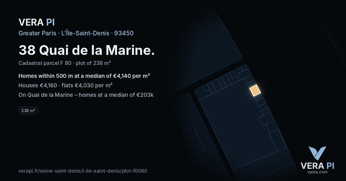 38 Quai de la Marine, L'Île-Saint-Denis at night – the plot lit, the parcels around coloured by the prices near them
