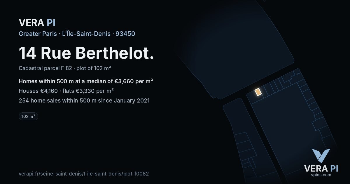 14 Rue Berthelot, L'Île-Saint-Denis at night – the plot lit, the parcels around coloured by the prices near them