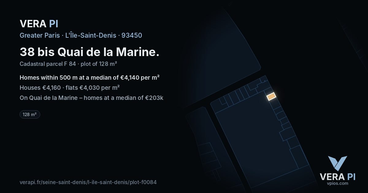38 bis Quai de la Marine, L'Île-Saint-Denis at night – the plot lit, the parcels around coloured by the prices near them