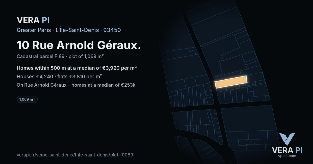 10 Rue Arnold Géraux, L'Île-Saint-Denis at night – the plot lit, the parcels around coloured by the prices near them