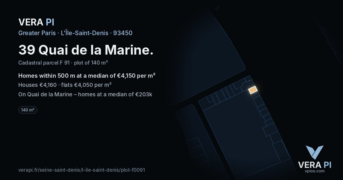 39 Quai de la Marine, L'Île-Saint-Denis at night – the plot lit, the parcels around coloured by the prices near them