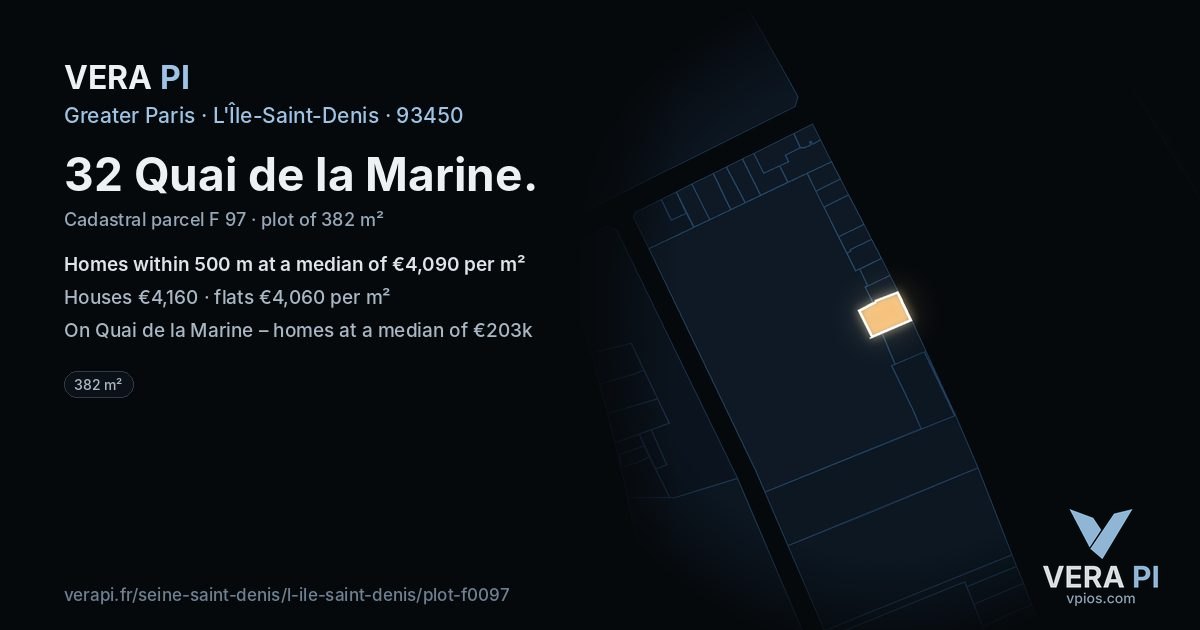 32 Quai de la Marine, L'Île-Saint-Denis at night – the plot lit, the parcels around coloured by the prices near them
