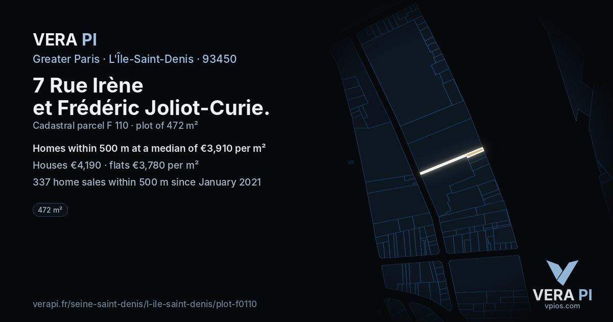 7 Rue Irène et Frédéric Joliot-Curie, L'Île-Saint-Denis at night – the plot lit, the parcels around coloured by the prices near them