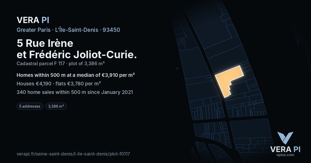5 Rue Irène et Frédéric Joliot-Curie, L'Île-Saint-Denis at night – the plot lit, the parcels around coloured by the prices near them