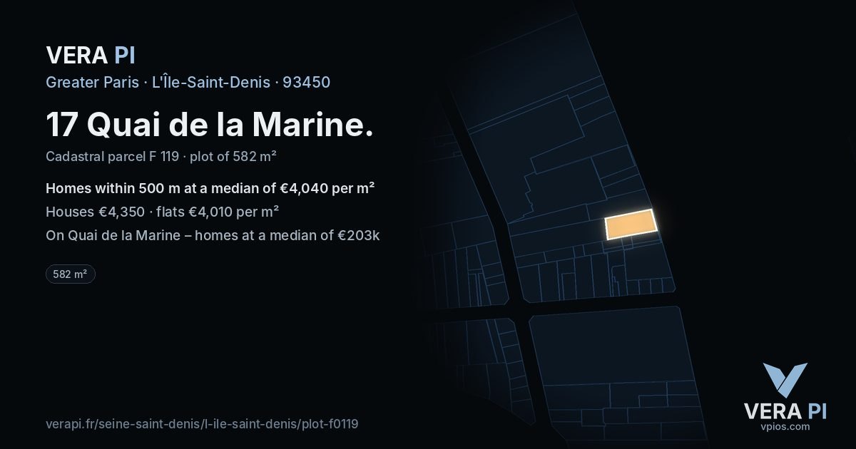 17 Quai de la Marine, L'Île-Saint-Denis at night – the plot lit, the parcels around coloured by the prices near them