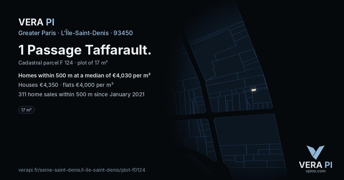 1 Passage Taffarault, L'Île-Saint-Denis at night – the plot lit, the parcels around coloured by the prices near them
