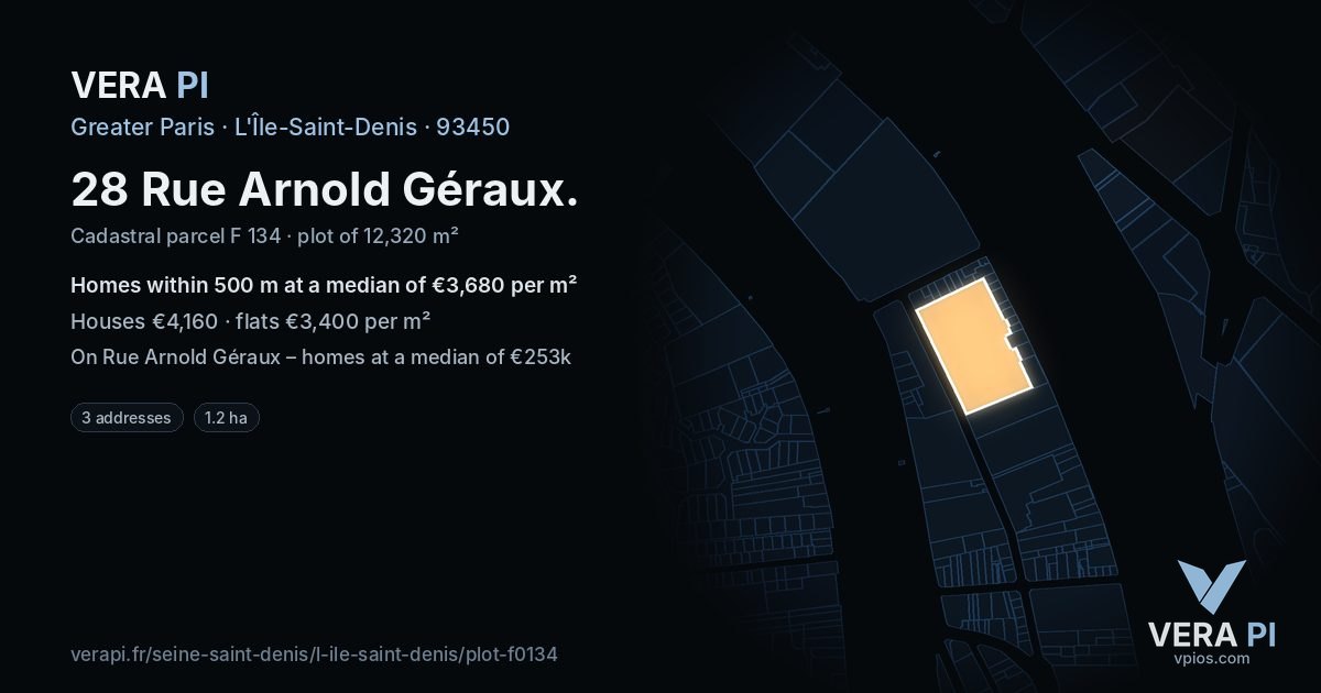 28 Rue Arnold Géraux, L'Île-Saint-Denis at night – the plot lit, the parcels around coloured by the prices near them