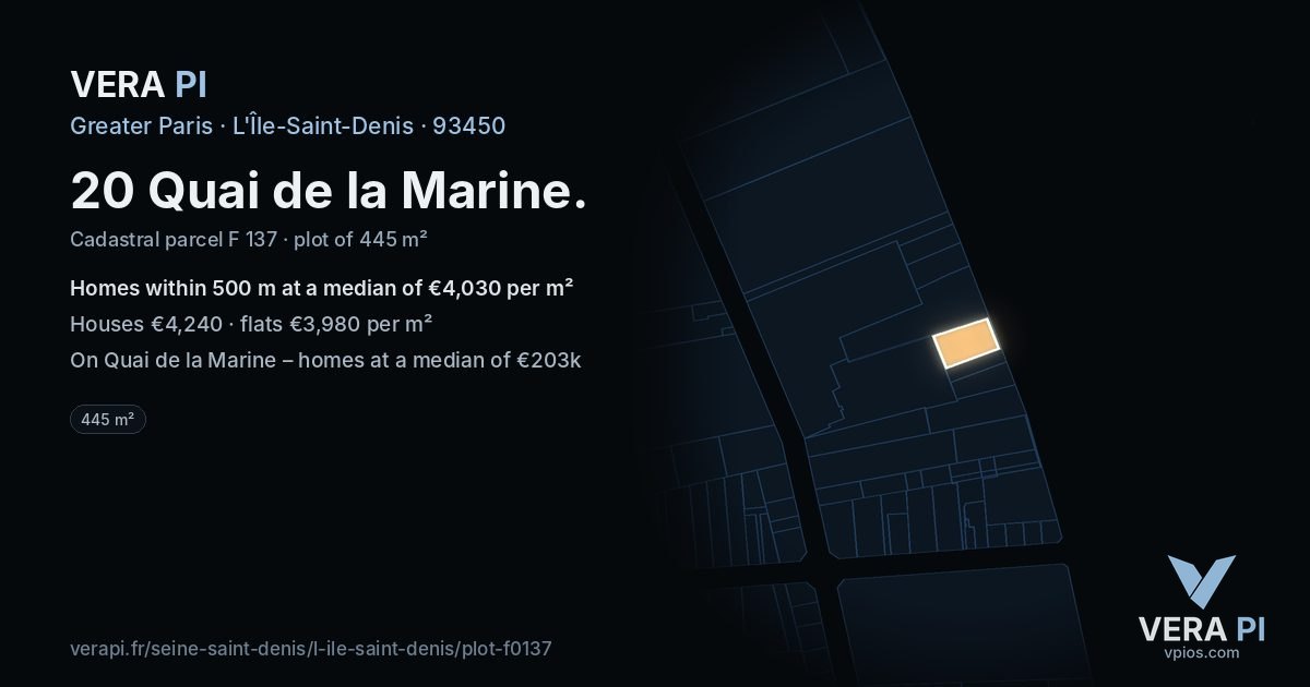 20 Quai de la Marine, L'Île-Saint-Denis at night – the plot lit, the parcels around coloured by the prices near them