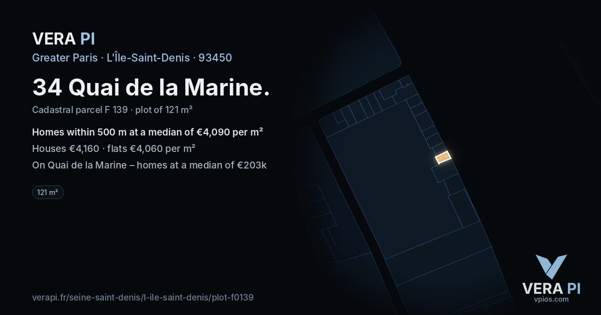 34 Quai de la Marine, L'Île-Saint-Denis at night – the plot lit, the parcels around coloured by the prices near them