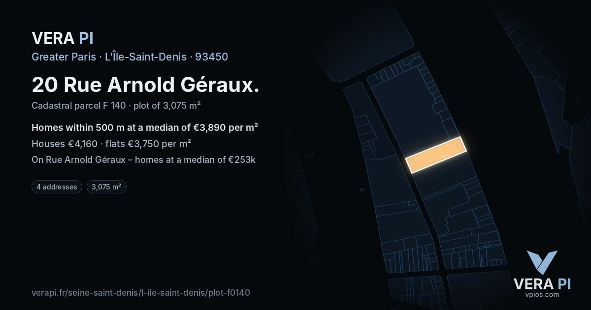 20 Rue Arnold Géraux, L'Île-Saint-Denis at night – the plot lit, the parcels around coloured by the prices near them