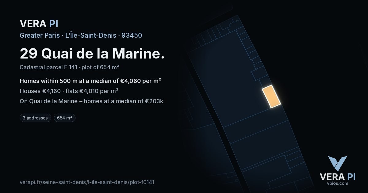 29 Quai de la Marine, L'Île-Saint-Denis at night – the plot lit, the parcels around coloured by the prices near them