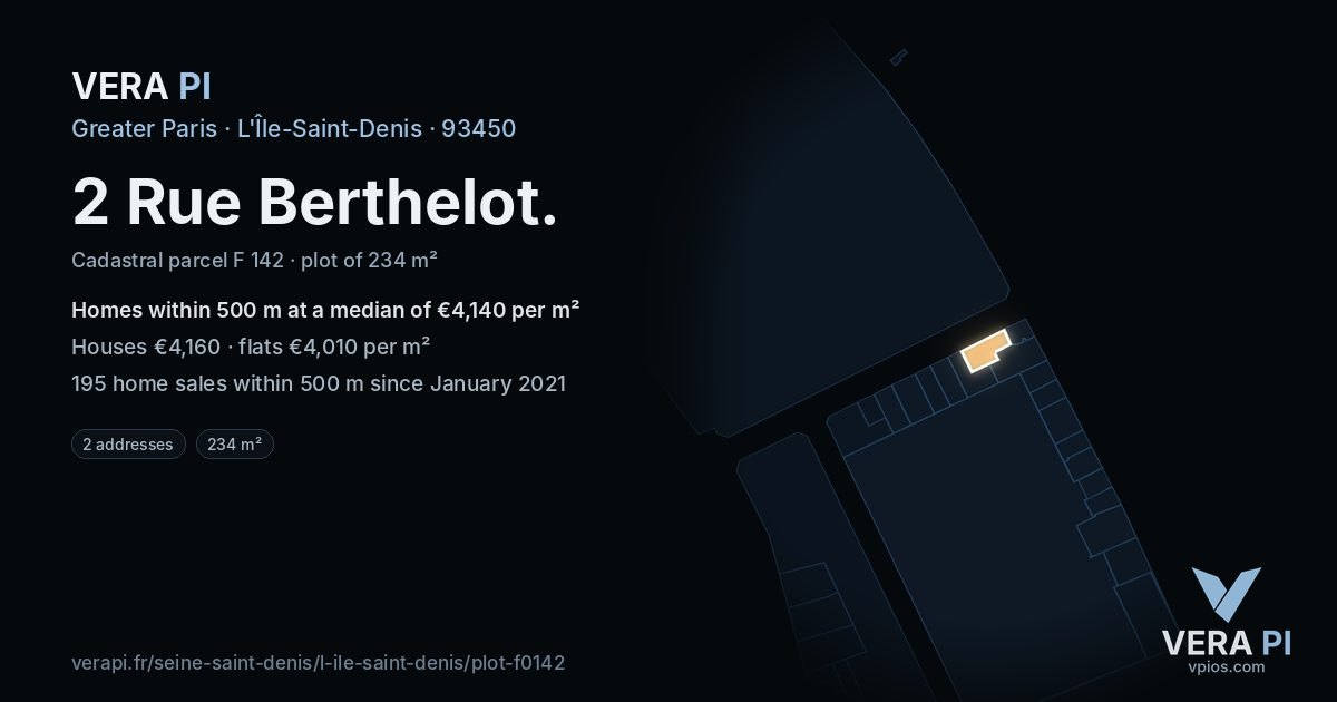 2 Rue Berthelot, L'Île-Saint-Denis at night – the plot lit, the parcels around coloured by the prices near them