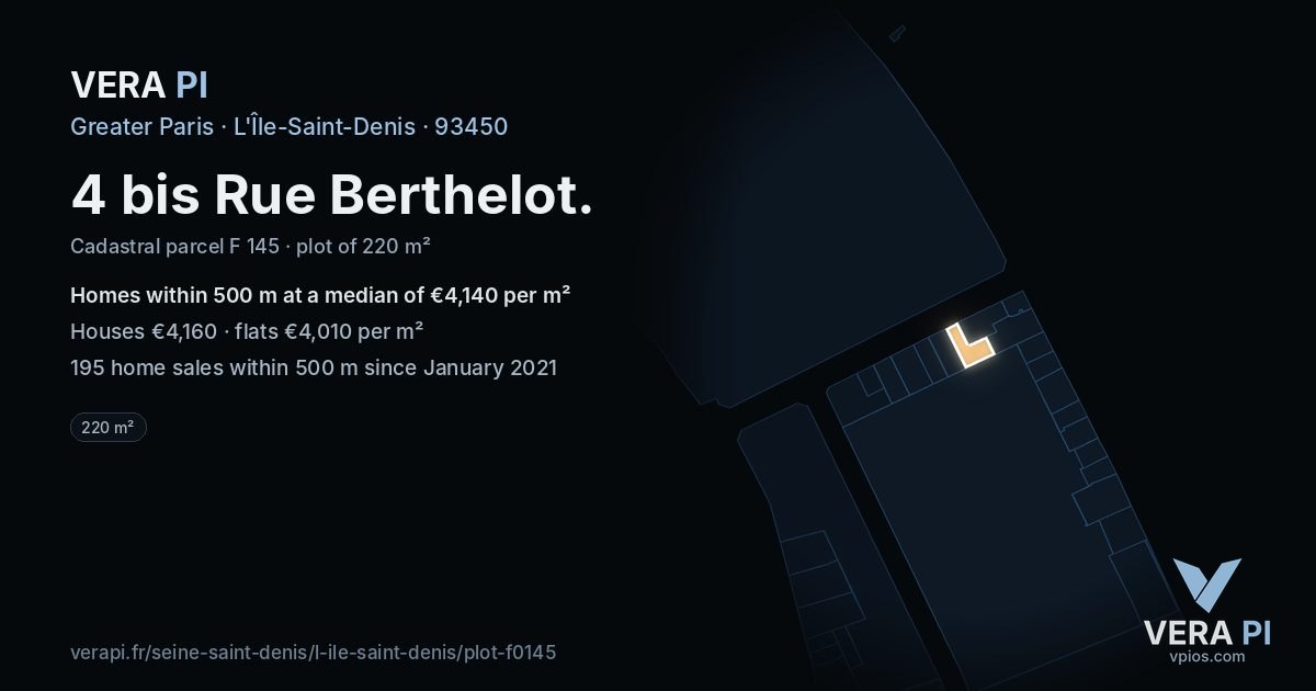 4 bis Rue Berthelot, L'Île-Saint-Denis at night – the plot lit, the parcels around coloured by the prices near them