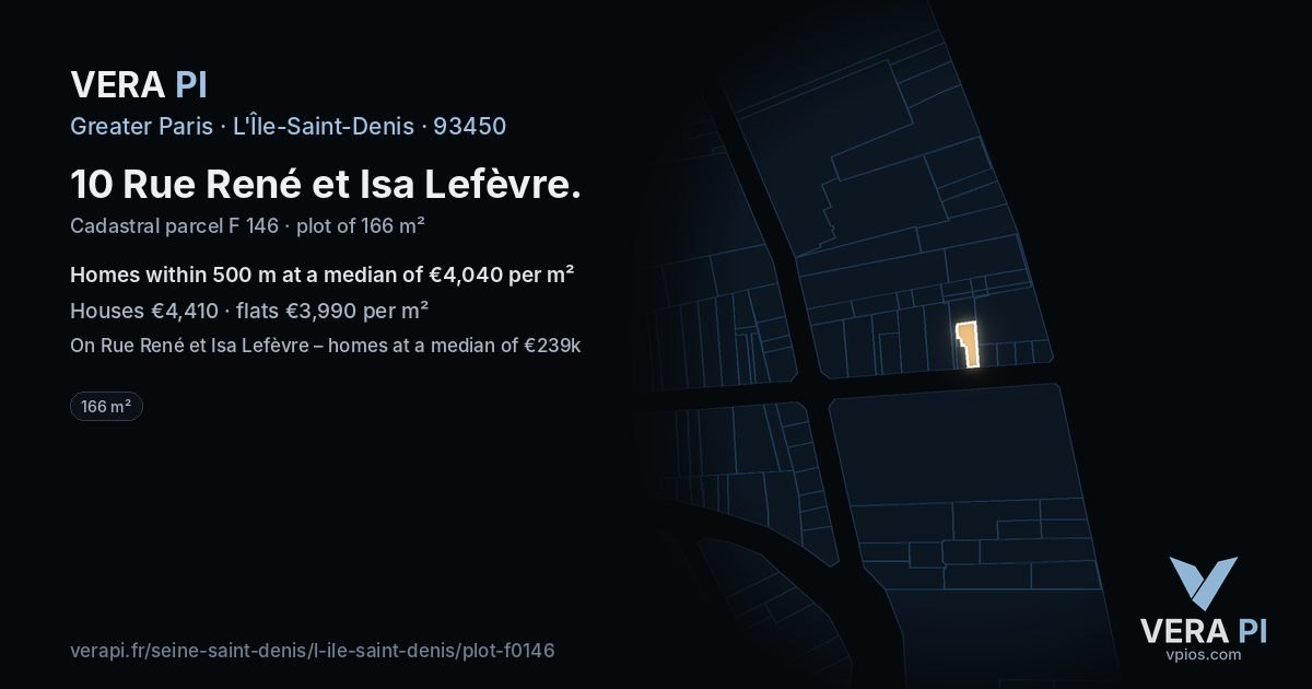 10 Rue René et Isa Lefèvre, L'Île-Saint-Denis at night – the plot lit, the parcels around coloured by the prices near them