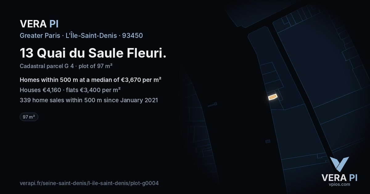 13 Quai du Saule Fleuri, L'Île-Saint-Denis at night – the plot lit, the parcels around coloured by the prices near them
