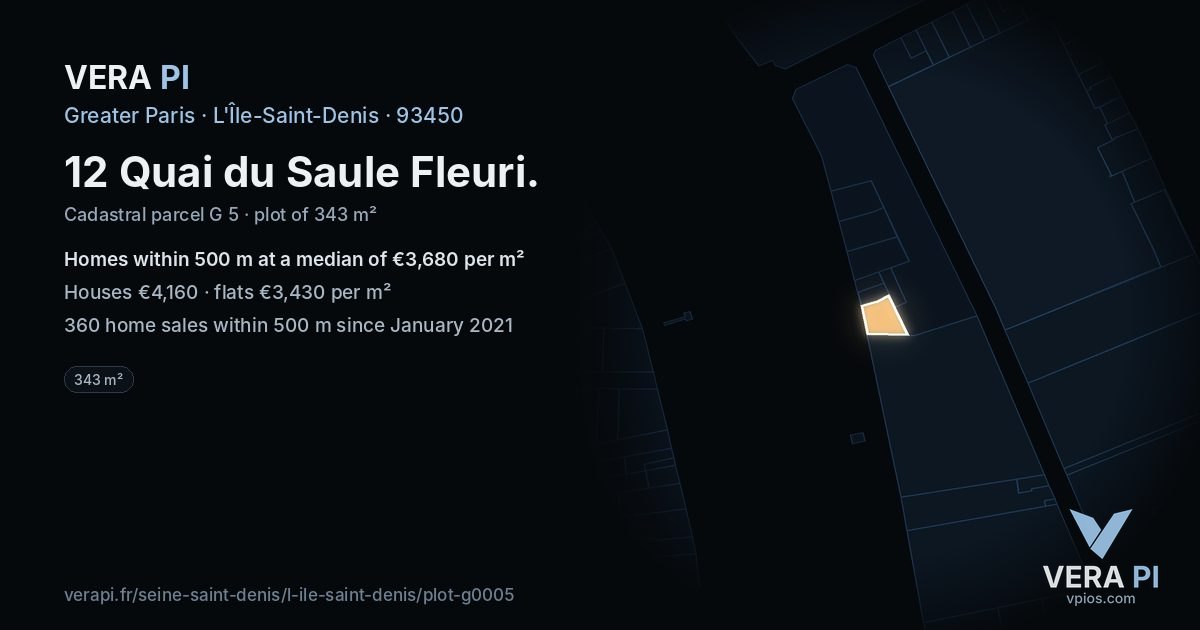 12 Quai du Saule Fleuri, L'Île-Saint-Denis at night – the plot lit, the parcels around coloured by the prices near them