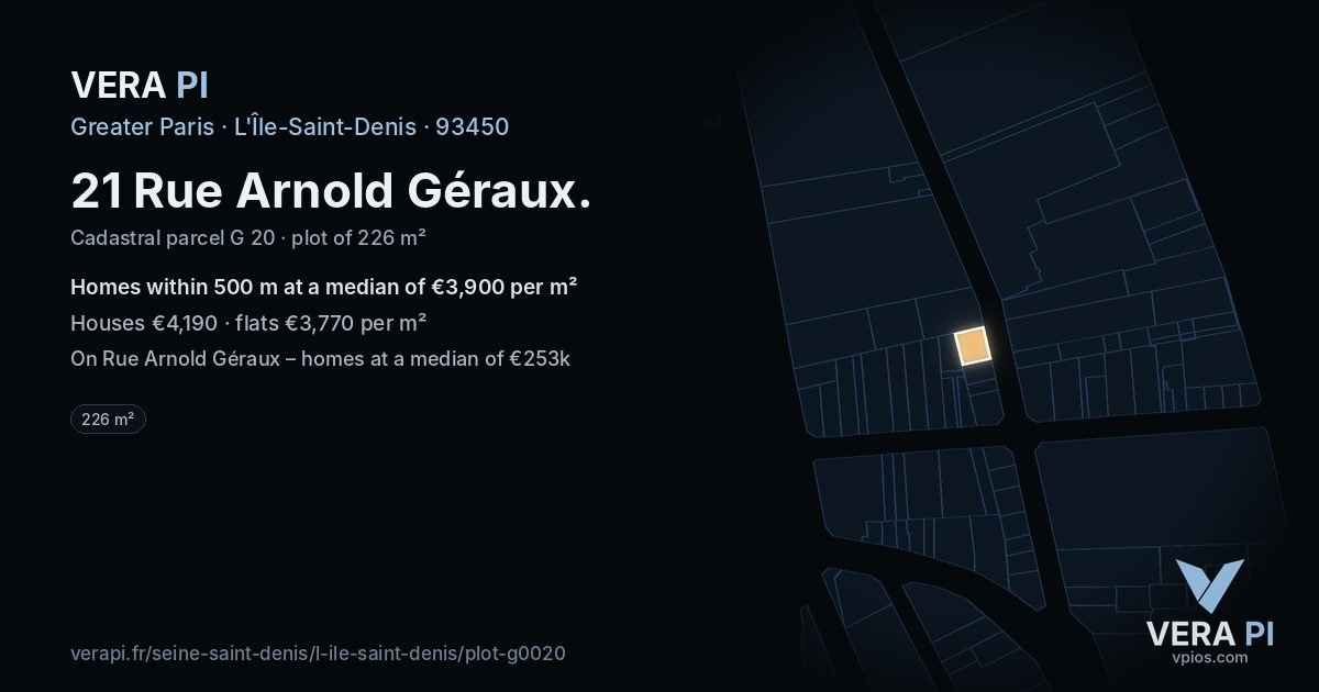 21 Rue Arnold Géraux, L'Île-Saint-Denis at night – the plot lit, the parcels around coloured by the prices near them