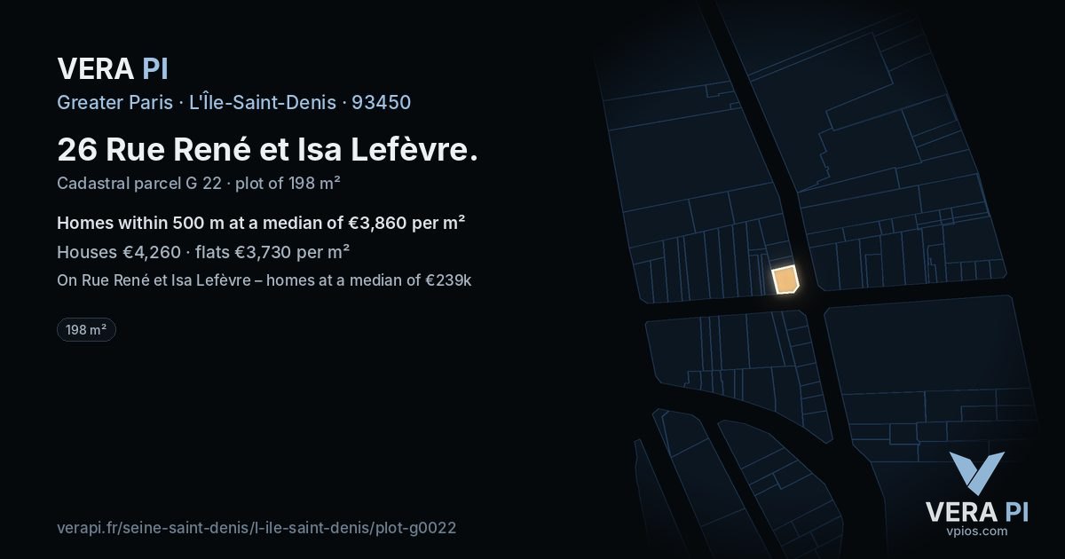 26 Rue René et Isa Lefèvre, L'Île-Saint-Denis at night – the plot lit, the parcels around coloured by the prices near them