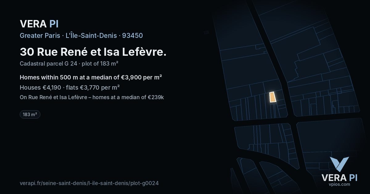 30 Rue René et Isa Lefèvre, L'Île-Saint-Denis at night – the plot lit, the parcels around coloured by the prices near them