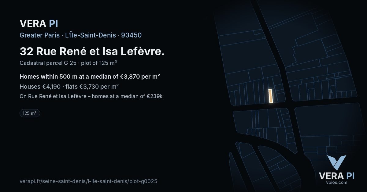 32 Rue René et Isa Lefèvre, L'Île-Saint-Denis at night – the plot lit, the parcels around coloured by the prices near them
