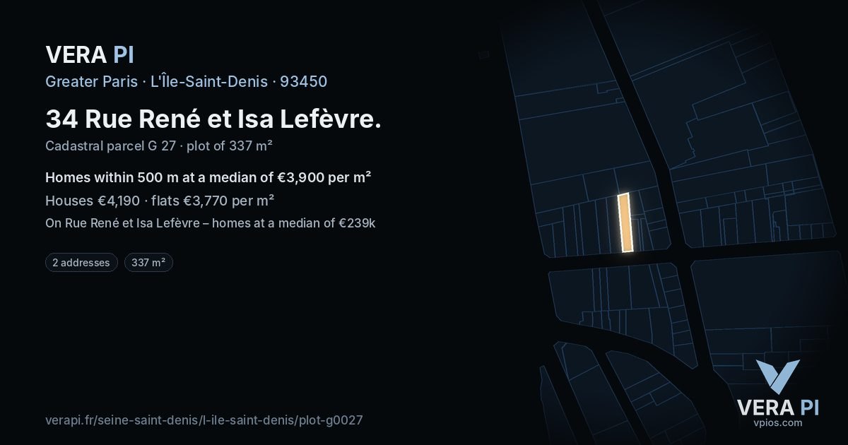 34 Rue René et Isa Lefèvre, L'Île-Saint-Denis at night – the plot lit, the parcels around coloured by the prices near them