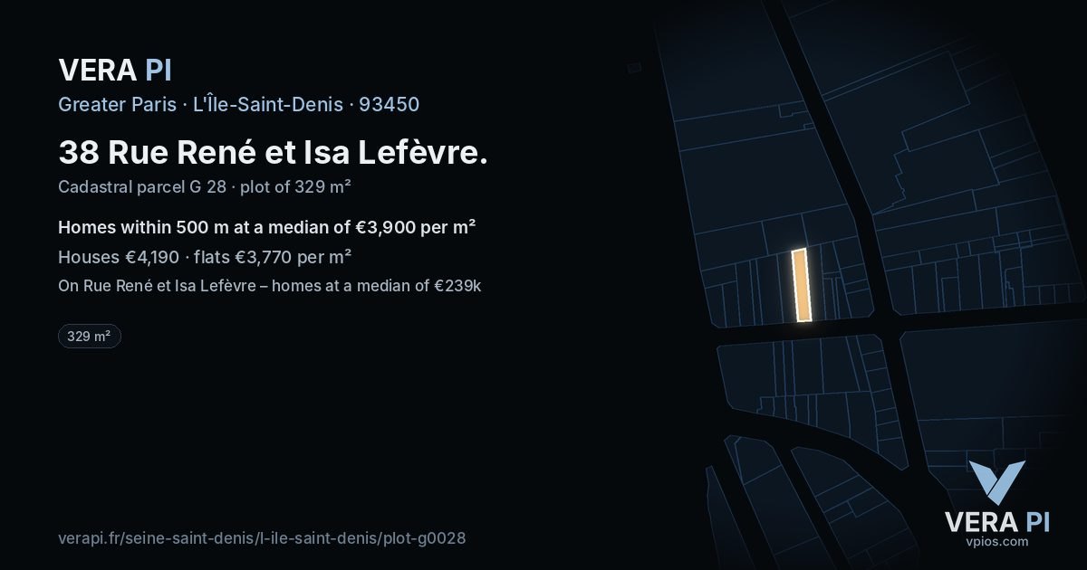 38 Rue René et Isa Lefèvre, L'Île-Saint-Denis at night – the plot lit, the parcels around coloured by the prices near them