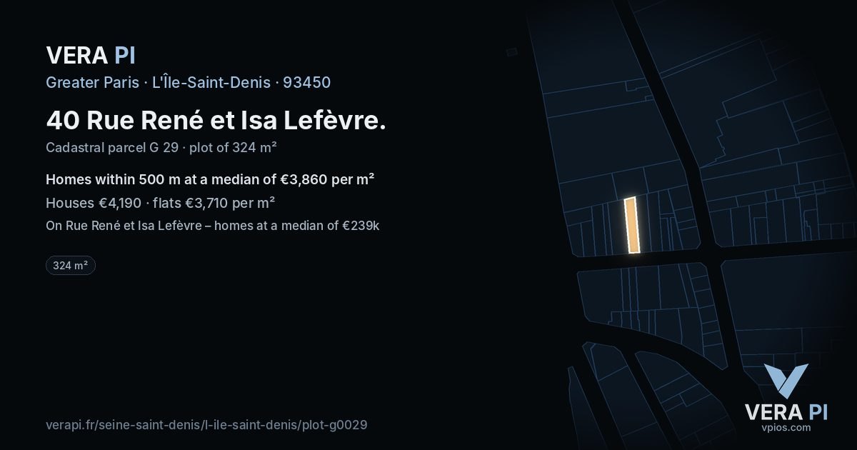 40 Rue René et Isa Lefèvre, L'Île-Saint-Denis at night – the plot lit, the parcels around coloured by the prices near them