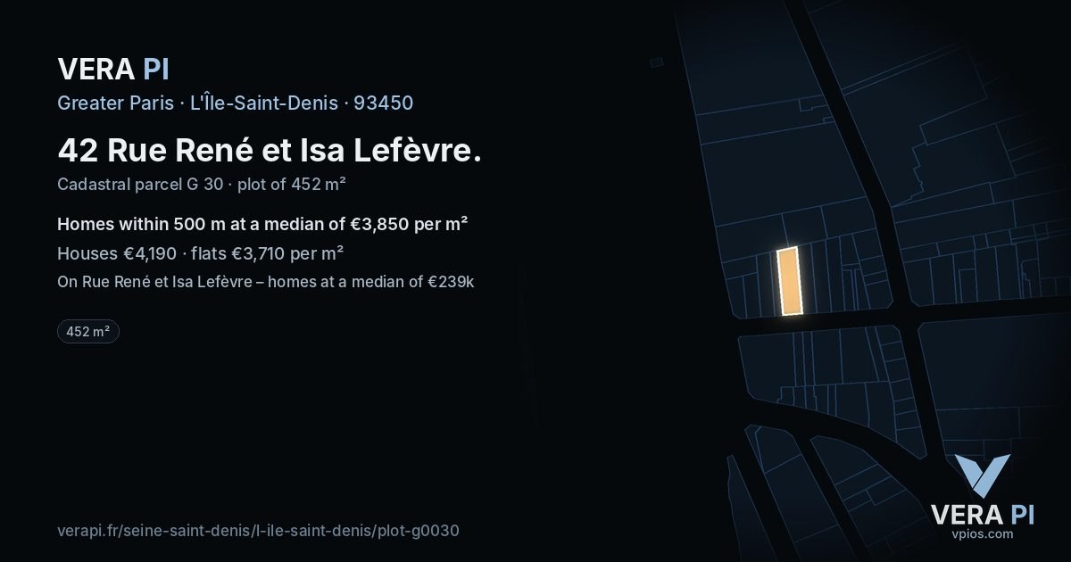 42 Rue René et Isa Lefèvre, L'Île-Saint-Denis at night – the plot lit, the parcels around coloured by the prices near them