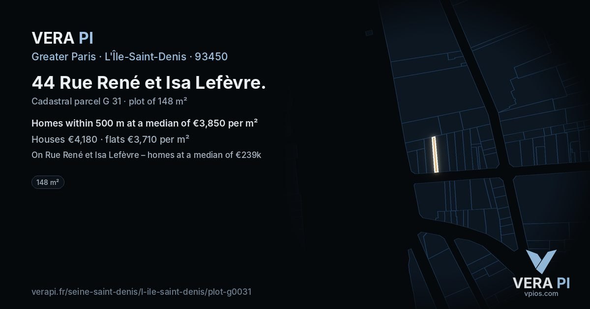 44 Rue René et Isa Lefèvre, L'Île-Saint-Denis at night – the plot lit, the parcels around coloured by the prices near them