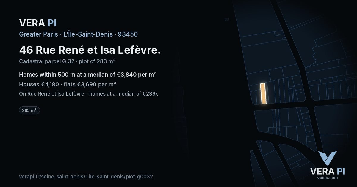46 Rue René et Isa Lefèvre, L'Île-Saint-Denis at night – the plot lit, the parcels around coloured by the prices near them