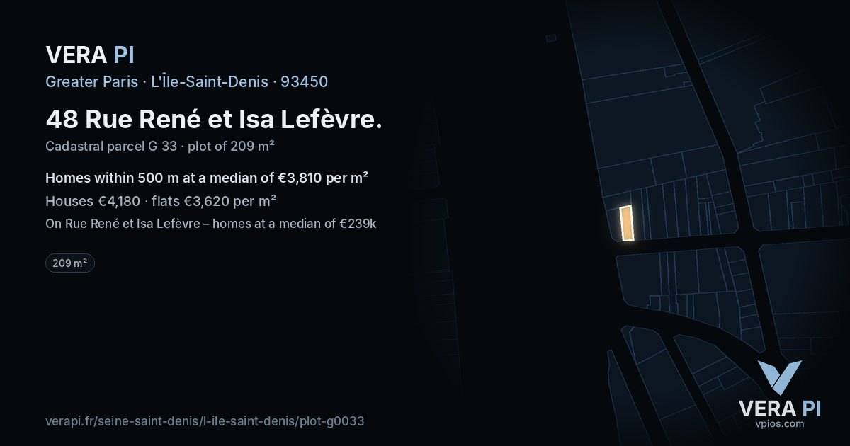 48 Rue René et Isa Lefèvre, L'Île-Saint-Denis at night – the plot lit, the parcels around coloured by the prices near them