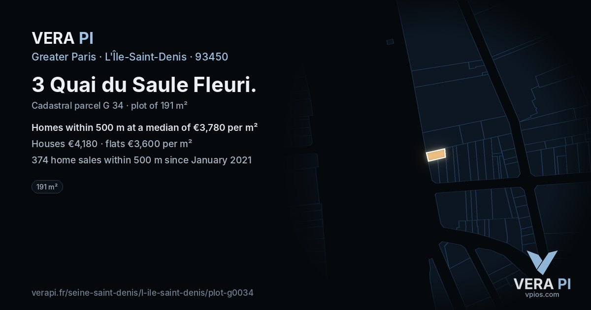 3 Quai du Saule Fleuri, L'Île-Saint-Denis at night – the plot lit, the parcels around coloured by the prices near them