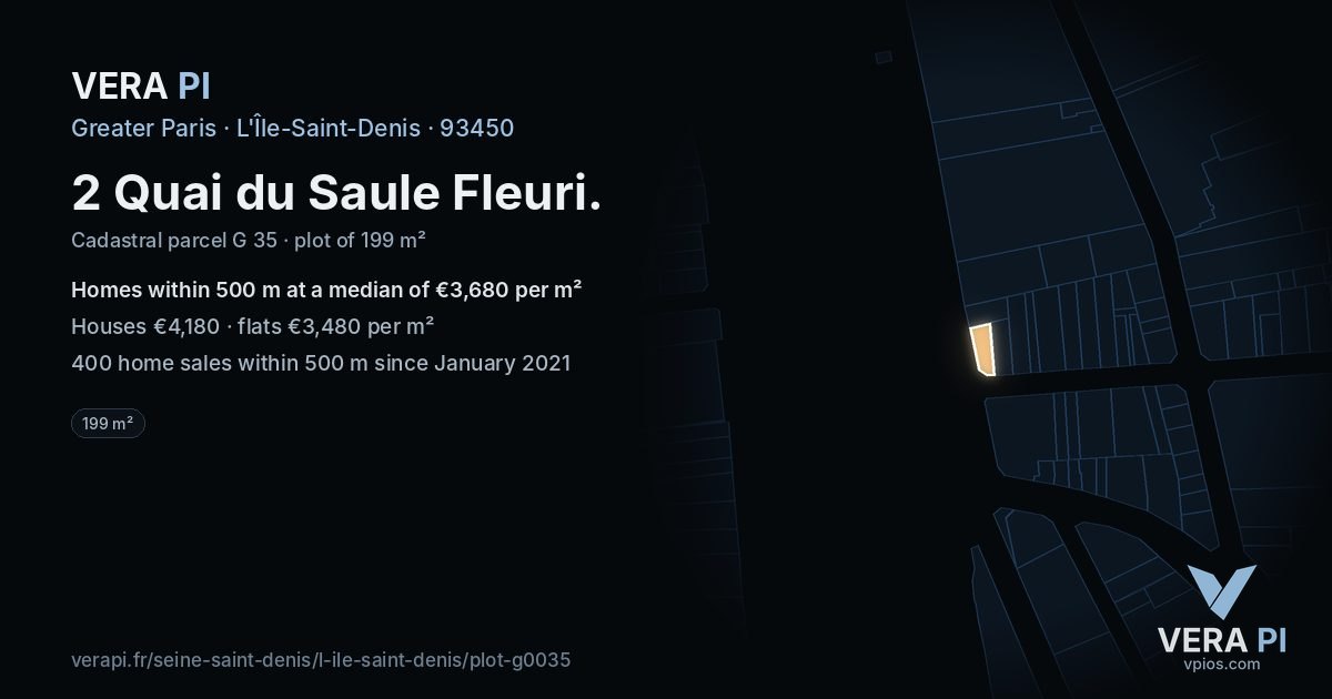 2 Quai du Saule Fleuri, L'Île-Saint-Denis at night – the plot lit, the parcels around coloured by the prices near them
