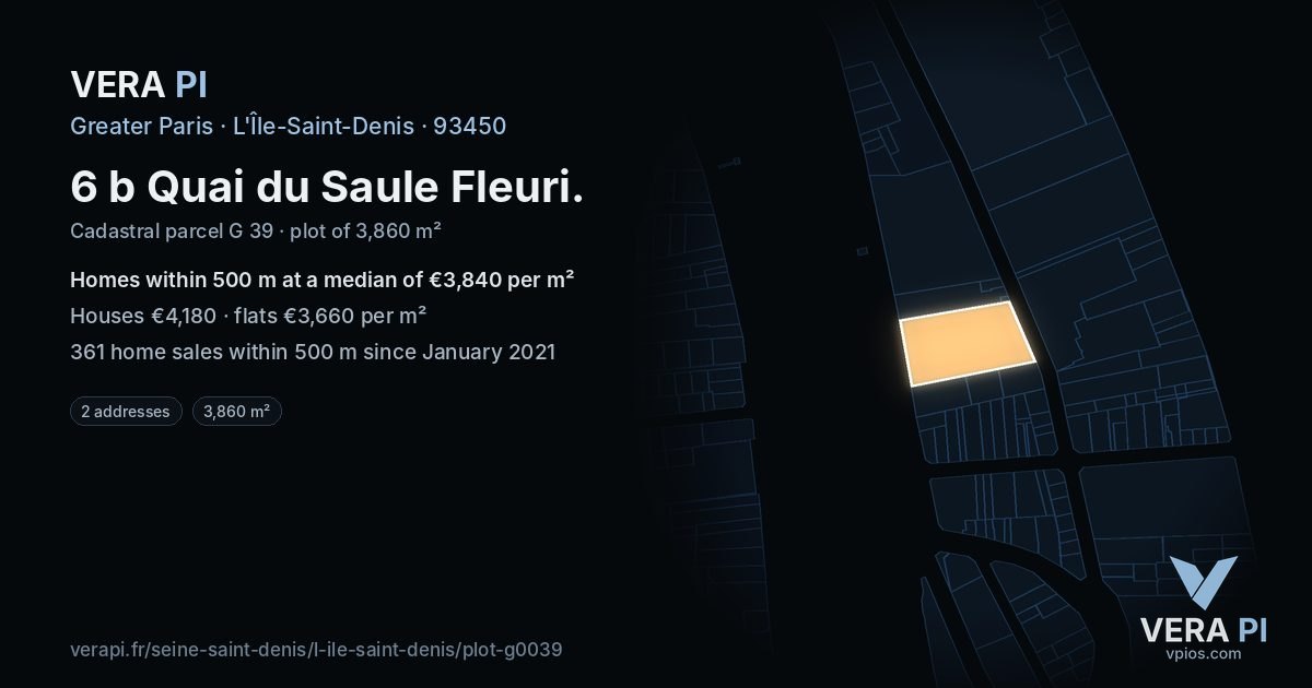6 b Quai du Saule Fleuri, L'Île-Saint-Denis at night – the plot lit, the parcels around coloured by the prices near them