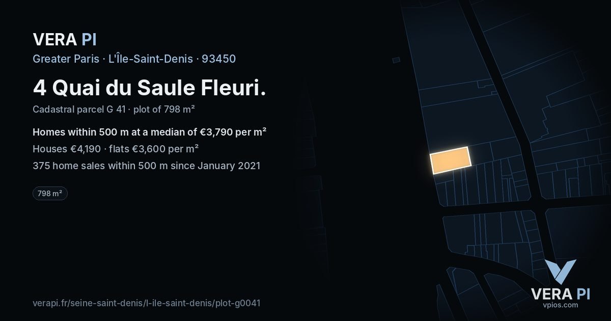 4 Quai du Saule Fleuri, L'Île-Saint-Denis at night – the plot lit, the parcels around coloured by the prices near them