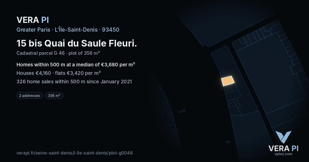 15 bis Quai du Saule Fleuri, L'Île-Saint-Denis at night – the plot lit, the parcels around coloured by the prices near them