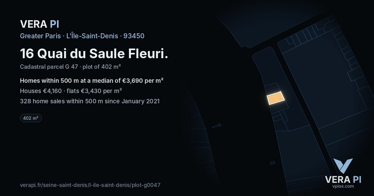 16 Quai du Saule Fleuri, L'Île-Saint-Denis at night – the plot lit, the parcels around coloured by the prices near them