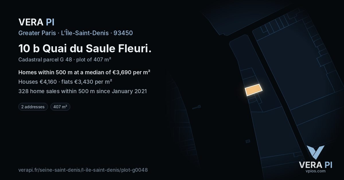 10 b Quai du Saule Fleuri, L'Île-Saint-Denis at night – the plot lit, the parcels around coloured by the prices near them