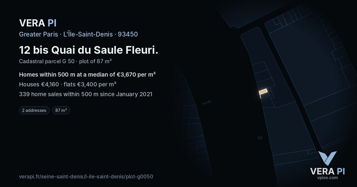 12 bis Quai du Saule Fleuri, L'Île-Saint-Denis at night – the plot lit, the parcels around coloured by the prices near them
