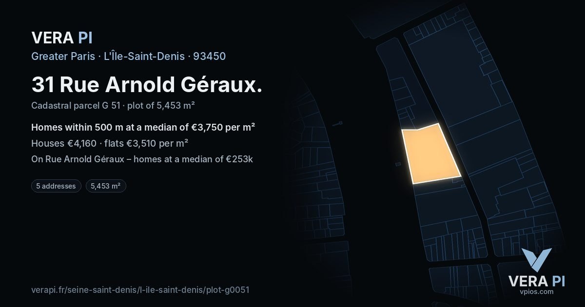 31 Rue Arnold Géraux, L'Île-Saint-Denis at night – the plot lit, the parcels around coloured by the prices near them