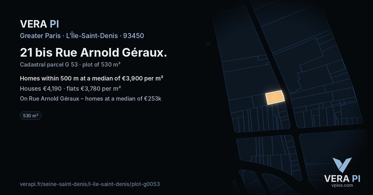 21 bis Rue Arnold Géraux, L'Île-Saint-Denis at night – the plot lit, the parcels around coloured by the prices near them