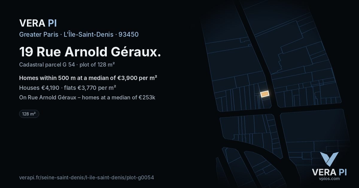 19 Rue Arnold Géraux, L'Île-Saint-Denis at night – the plot lit, the parcels around coloured by the prices near them