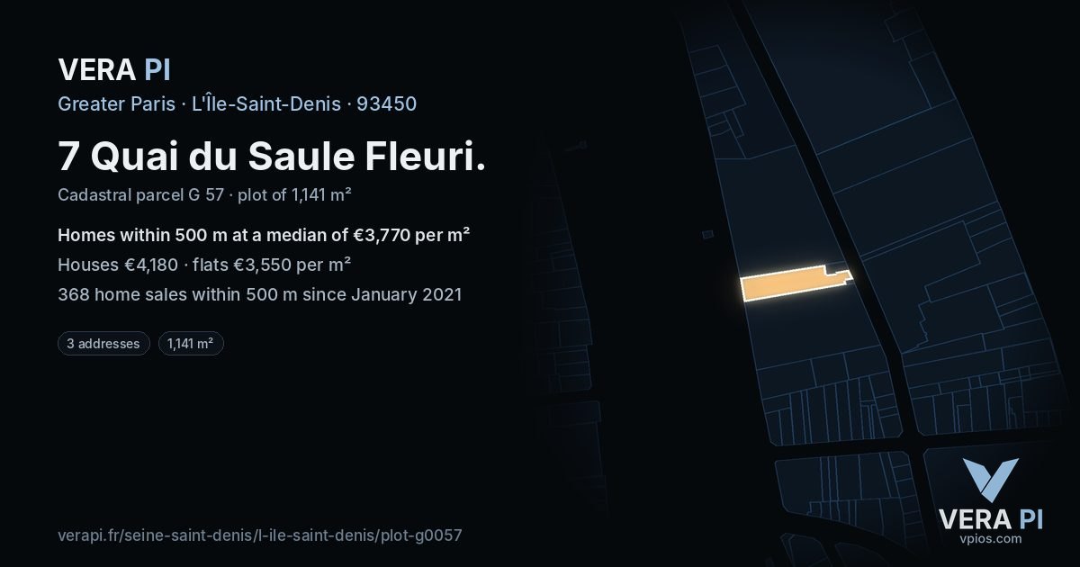 7 Quai du Saule Fleuri, L'Île-Saint-Denis at night – the plot lit, the parcels around coloured by the prices near them