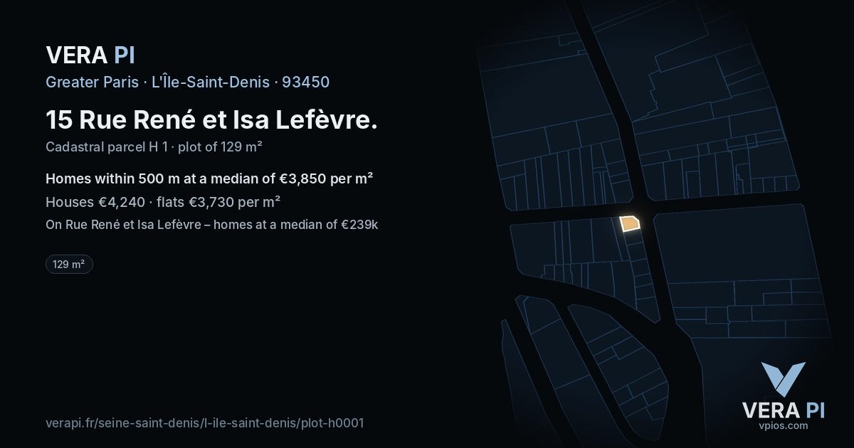 15 Rue René et Isa Lefèvre, L'Île-Saint-Denis at night – the plot lit, the parcels around coloured by the prices near them