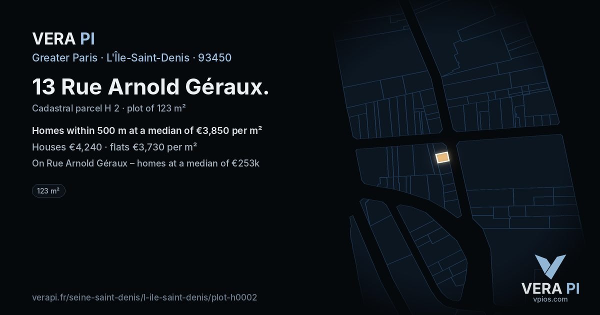 13 Rue Arnold Géraux, L'Île-Saint-Denis at night – the plot lit, the parcels around coloured by the prices near them