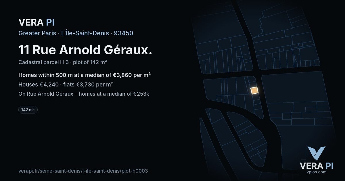 11 Rue Arnold Géraux, L'Île-Saint-Denis at night – the plot lit, the parcels around coloured by the prices near them