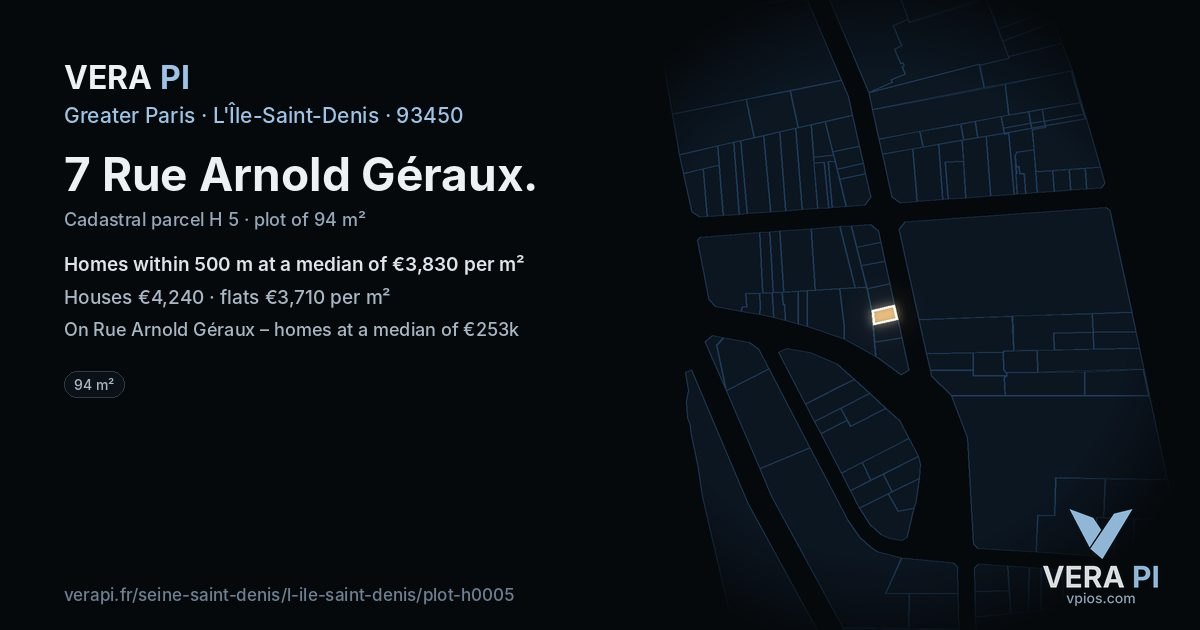 7 Rue Arnold Géraux, L'Île-Saint-Denis at night – the plot lit, the parcels around coloured by the prices near them