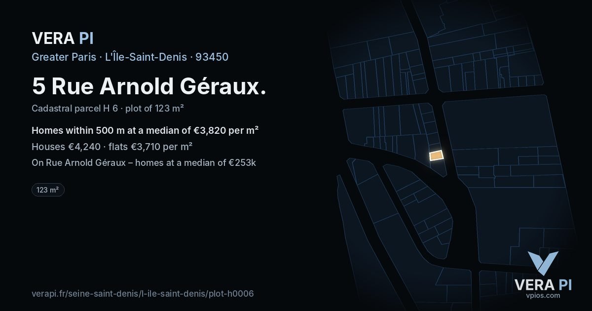 5 Rue Arnold Géraux, L'Île-Saint-Denis at night – the plot lit, the parcels around coloured by the prices near them