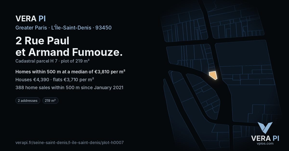 2 Rue Paul et Armand Fumouze, L'Île-Saint-Denis at night – the plot lit, the parcels around coloured by the prices near them
